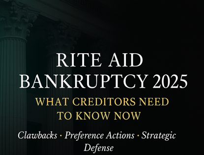 Elegant dark-teal and gold blog cover featuring Greco-Roman columns and white title text reading ‘Rite Aid Bankruptcy 2025 — What Creditors Need to Know Now.’