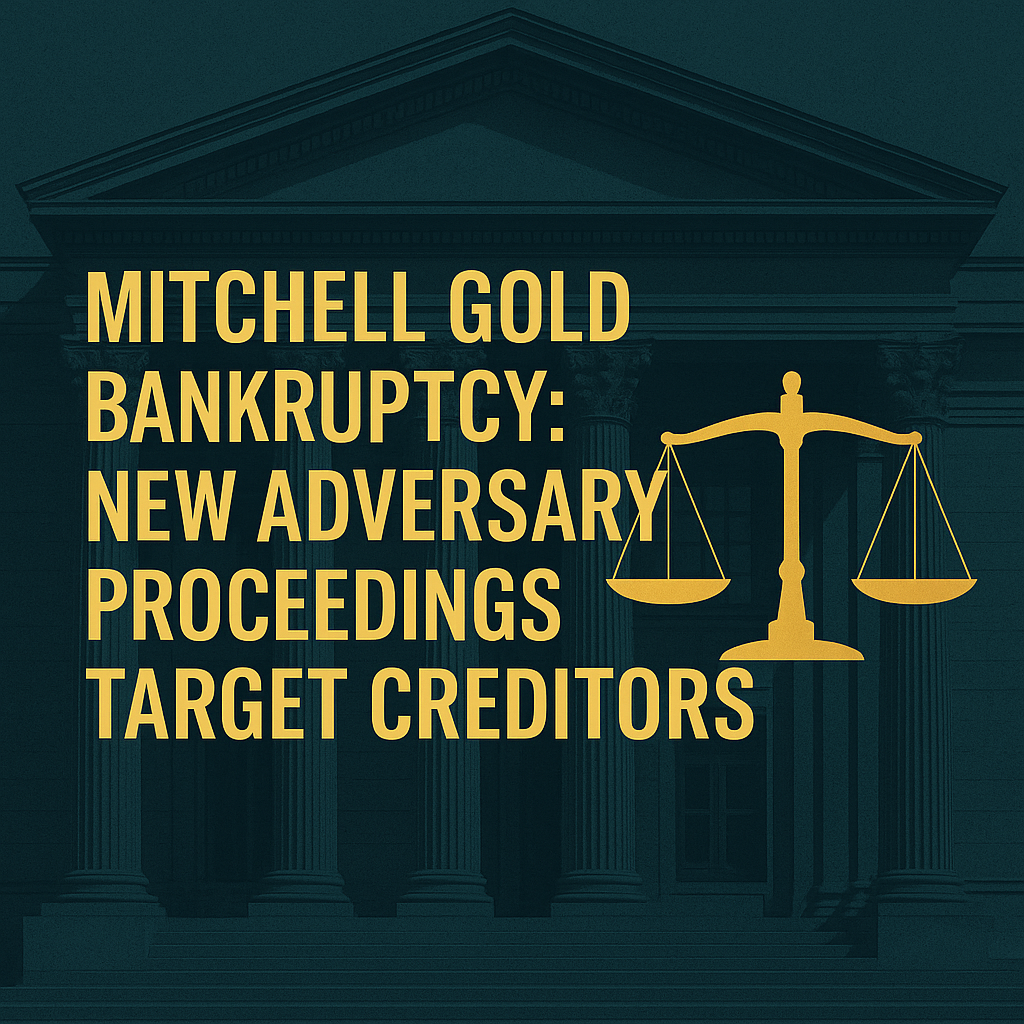 Mitchell Gold bankruptcy adversary proceedings targeting creditors, courthouse background with scales of justice in gold.