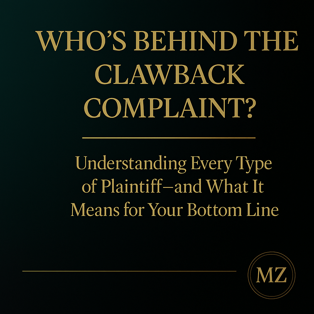 Who’s Behind the Clawback Complaint? — Elegant dark teal and gold blog cover for The Law Office of Magdalena Zalewski PLLC, highlighting strategic insight into bankruptcy adversary proceedings, preference actions, and plaintiff types such as trustees.