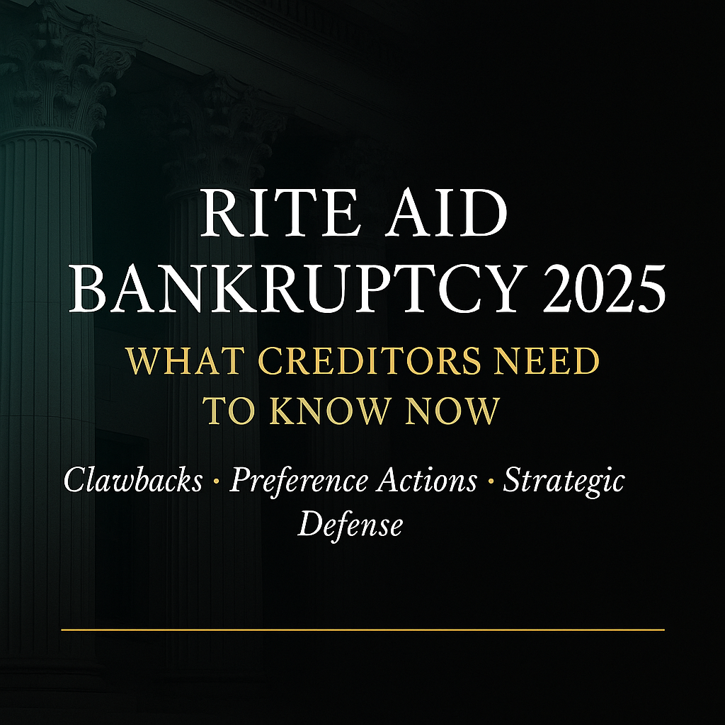 Elegant dark-teal and gold blog cover featuring Greco-Roman columns and white title text reading ‘Rite Aid Bankruptcy 2025 — What Creditors Need to Know Now.’